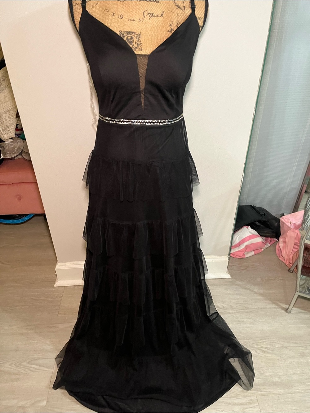 Amore Bella Black Tiered Gown with Rhinestone Waistband Large
